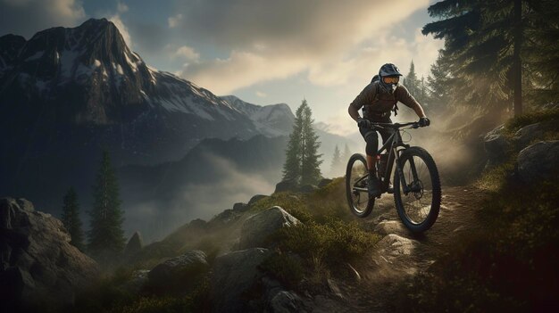 A mountain biker navigating through a challenging trail