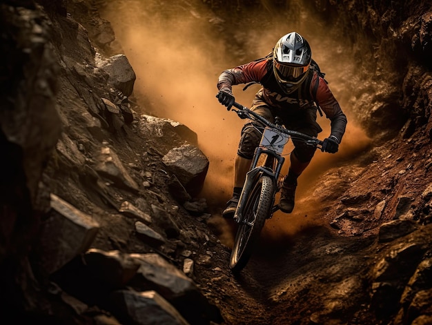 A mountain biker rides a dirt track with dust in the air.