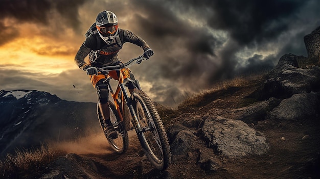 A mountain biker rides a mountain bike in front of a cloudy sky.