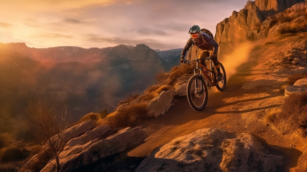 Горный байкер едет на горном велосипеде в горах.