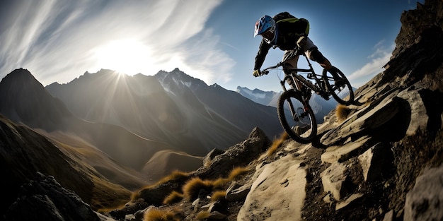 A mountain biker rides a steep mountain trail in the mountains.