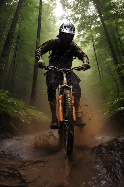 A mountain biker rides through the forest with a poster that says'mountain bike'on it.