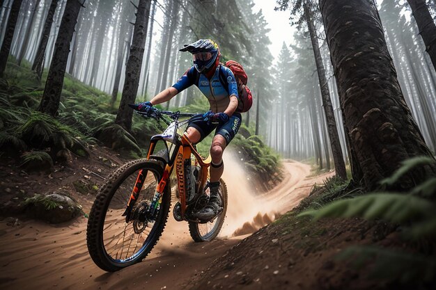 A mountain biker rides through a forest with trees in the background