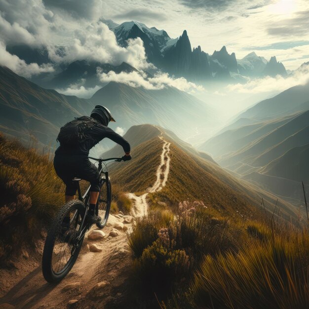 산악 자전거 타는 사람이 배경에 산이 있는 경로를 타고 있다