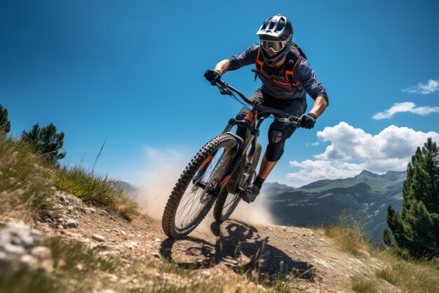 Mountain biker riding a bicycle in the mountains