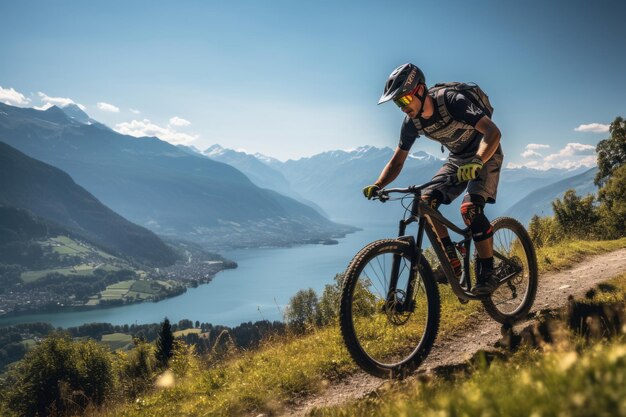 Mountain biker riding a bicycle in the mountains
