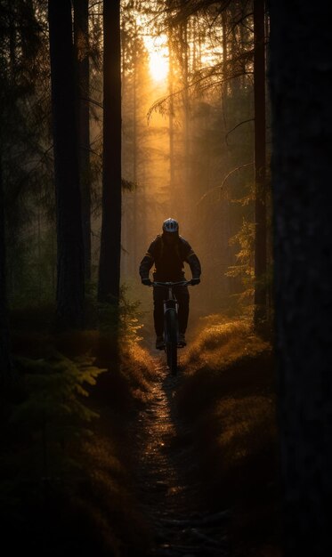 Mountain biker riding his bike in the forest at sunset