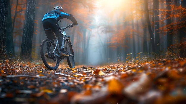 Mountain Biker Riding Through Autumn Forest Trail