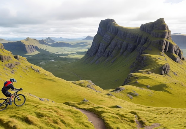 Photo mountain biker riding through rough mountain landscape of quiraing isle of skye scotland uk