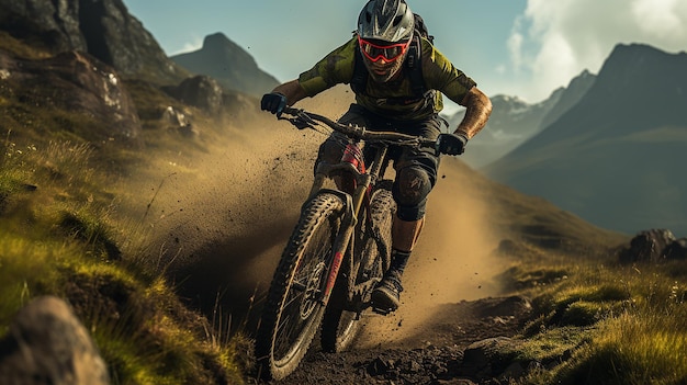 Mountain biker riding through rough mountain landscape of Quiraing Isle of Skye Scotland UK