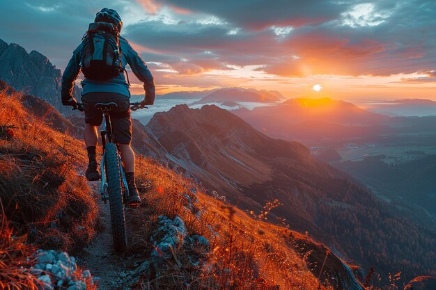 Photo mountain biker on a trail at sunrise