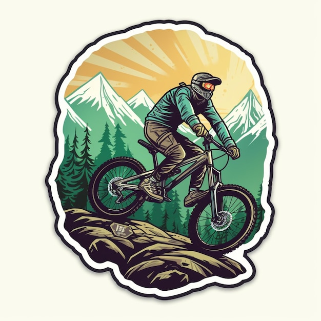 A mountain biker with a green shirt and a blue jacket.