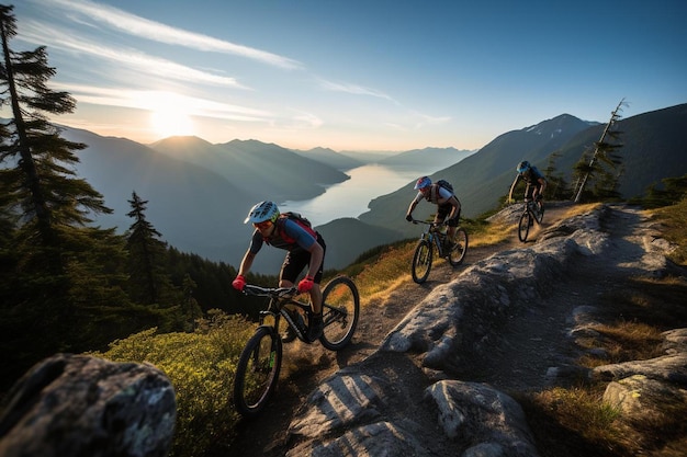 mountain bikers ride a rocky trail with mountains in the background.