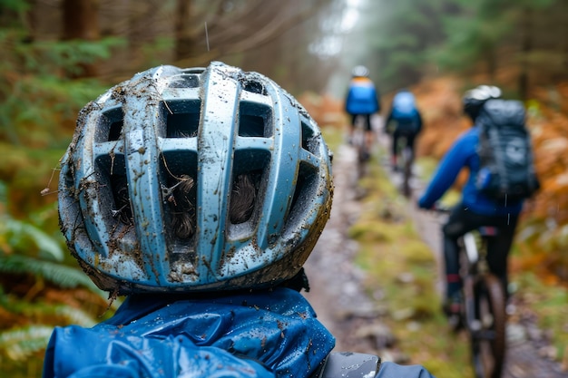 Mountain Biking Adventure in Misty Forest Close Up on Helmet with Cyclists on Trail in Background