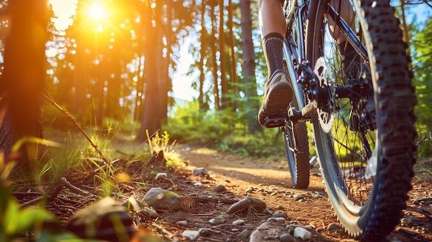 Приключение на горном велосипеде по солнечной лесной тропе