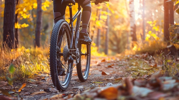 秋の森を通るマウンテンバイクの冒険