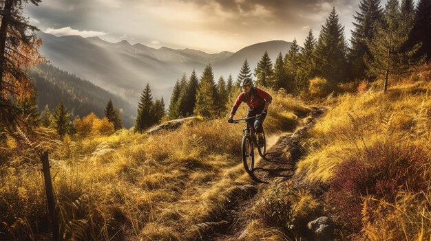 여름 산 숲 풍경에서 자전거를 타는 산악 자전거 Generative Ai