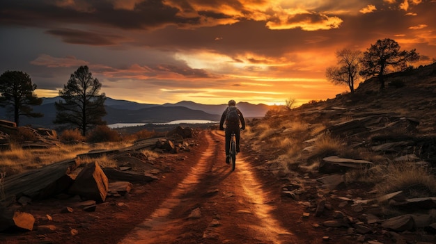 Photo mountain biking in sunset view back