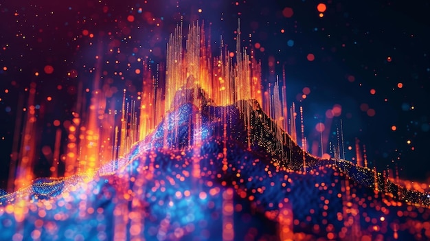 a mountain of blockchain information cascading down like lava from a cryptocurrency volcano creating