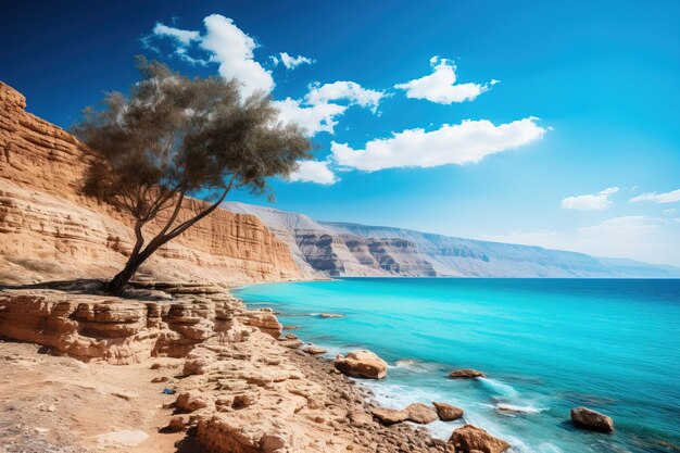 Mountain and the blue Dead Sea in Israel