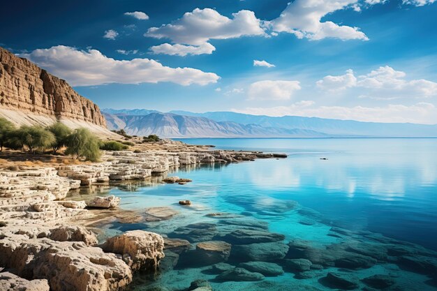 Mountain and the blue Dead Sea in Israel