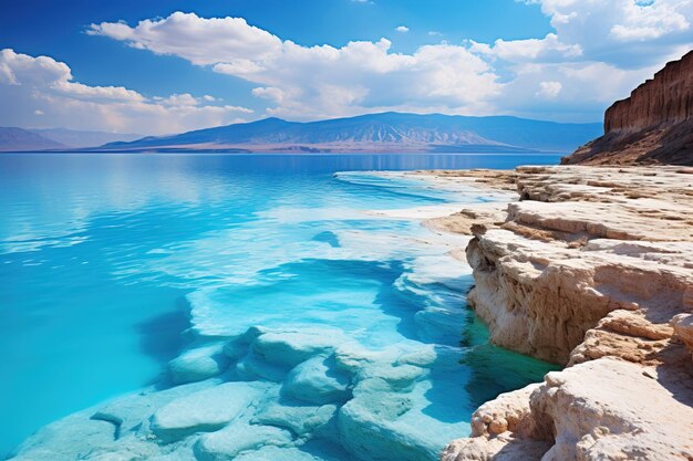 Photo mountain and the blue dead sea in israel