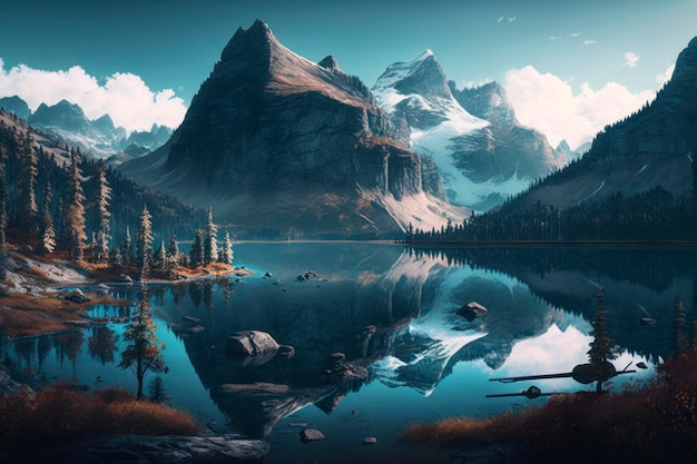 Mountain and blue lake landscape 8k