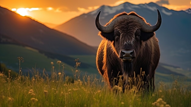 Mountain Buffalo bekijkt het landschap in het hoge groene gras te midden van bergen en een zonsondergang