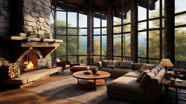 山の小屋のインテリア 石の暖炉 毛皮の敷き布団 大きな窓と森の景色