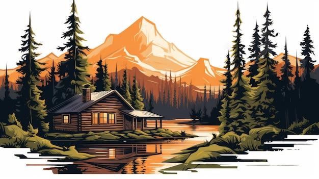 Mountain Cabin Scene Paint Dripping Technique with VectorStyle Graphics