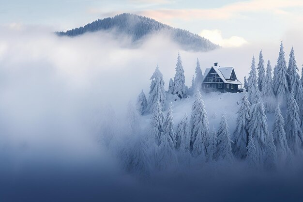 雪に覆われた風景に囲まれた山の小屋