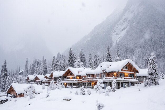 雪に覆われた風景に囲まれた山の小屋