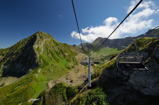 Mountain cableway stretching down over beautiful early autumn mountain landscape.