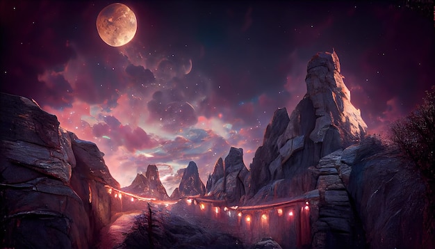 Mountain cave entrance with night scenery landscape overlooking\
high rocky peaks under starry sky with full moon and clouds with\
purple glow 3d illustration