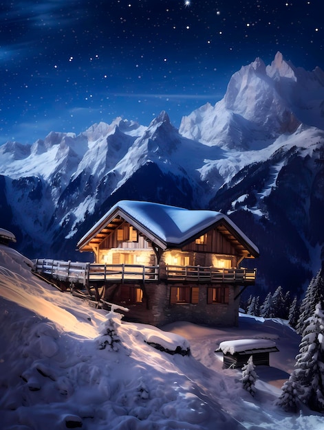 Mountain chalet at night with starry sky and snow