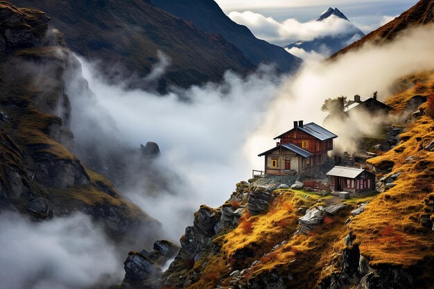 Mountain chalets or cabins nestled in secluded valleys