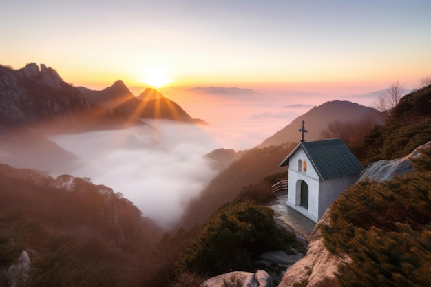 Photo mountain chapel with view of breathtaking sunrise and misty valley below created with generative ai