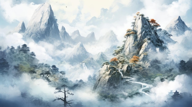 Photo mountain of china asianinspired watercolor illustration