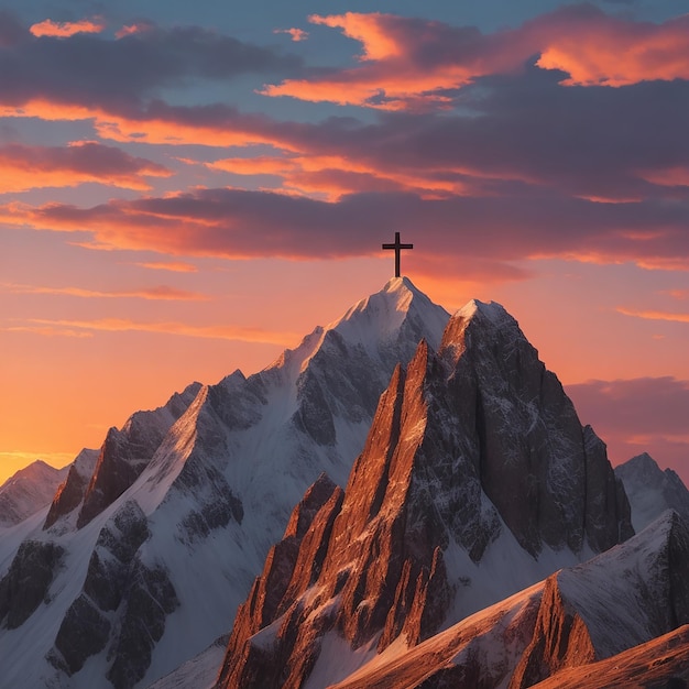 Mountain a Christian cross against a majestic sunset sky generated by AI