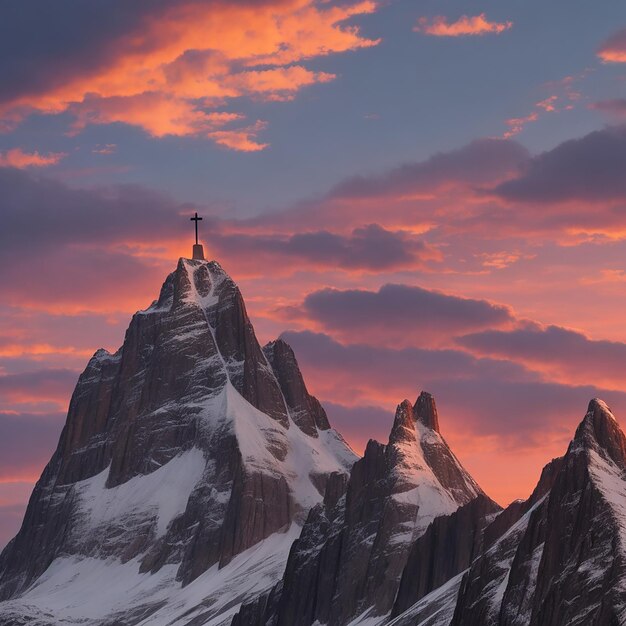 Mountain a Christian cross against a majestic sunset sky generated by AI