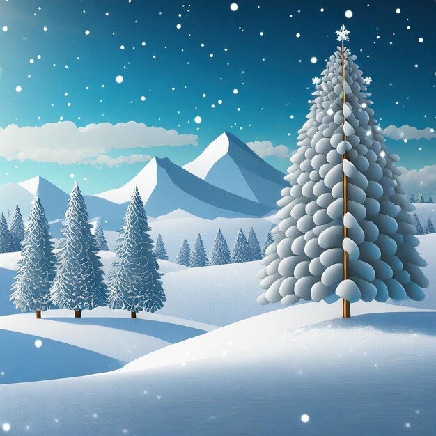 Mountain Christmas landscape with decorated Christmas tree