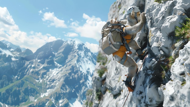 Foto un alpinista scalata una scogliera ripida l'alpinista indossa un casco e uno zaino la scogliera è coperta di neve e ghiaccio