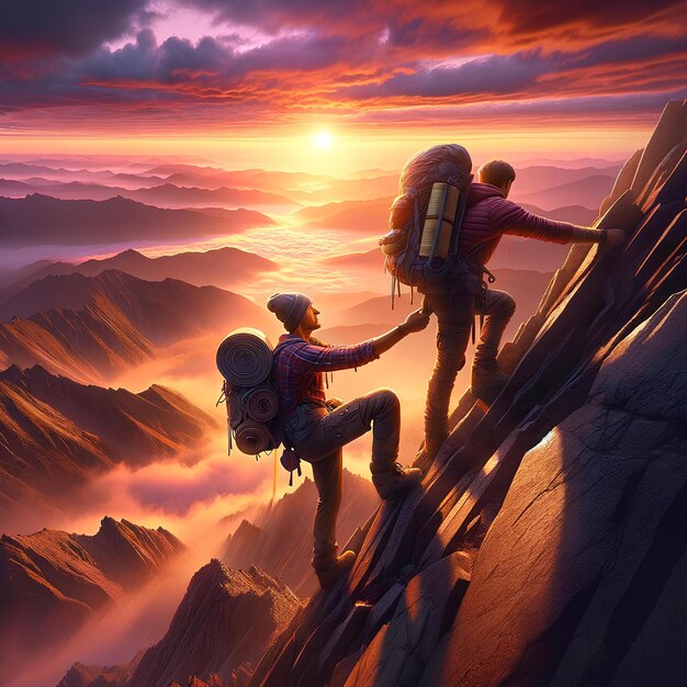 Mountain climbers assisting each other at sunrise