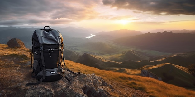 mountain climbers tourists Backpack placed Atop high rocks Sport and active life concept