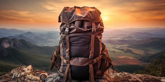 mountain climbers tourists Backpack placed Atop high rocks Sport and active life concept