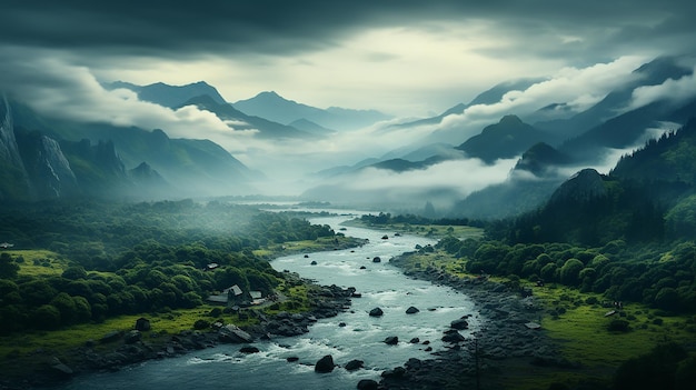 雲と霧の中の山