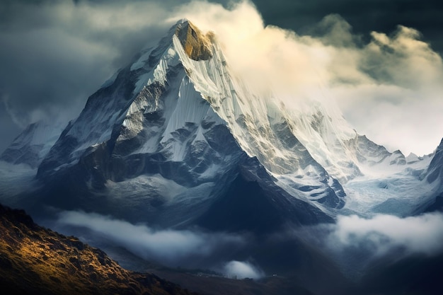 Mountain in the clouds by person