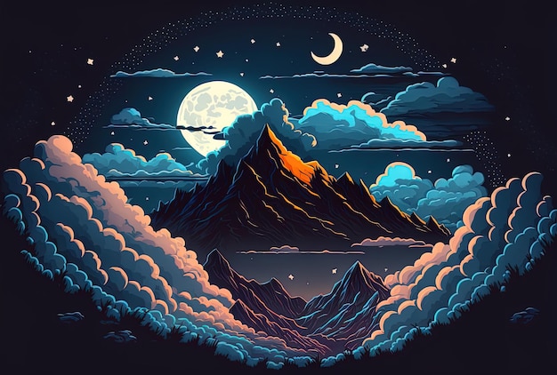 산은 밤하늘의 달과 별을 구름