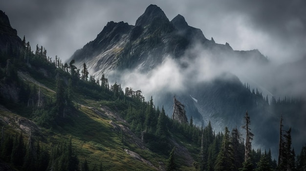 A mountain in the clouds with a mountain in the background