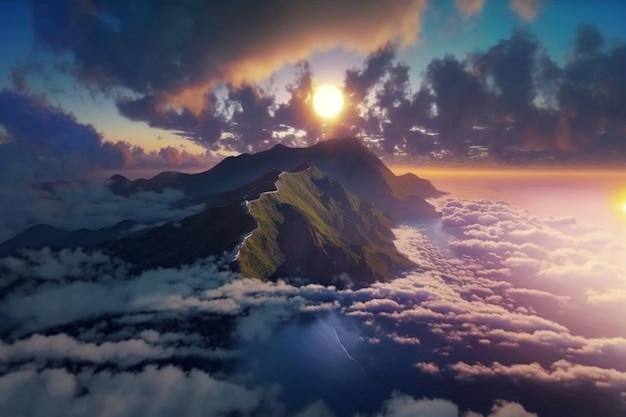 A mountain above the clouds with the sun shining on it